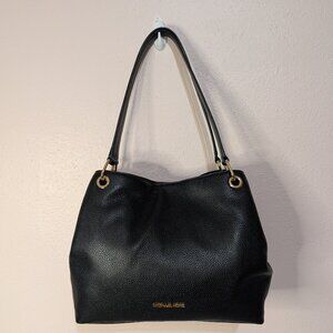 Authentic Michael Kors Black Gold Raven Large Pebbled Leather Shoulder Bag